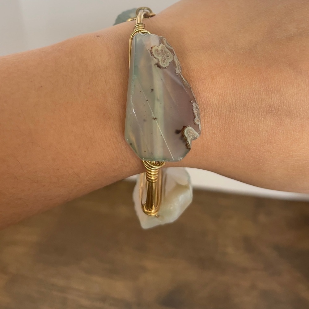 But on and bowties gold tone big stone wired bracelet